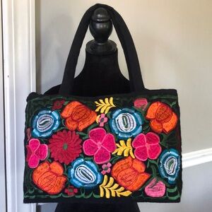 Multicolored Embroidered Florals on Black Bag. Made in Mexico
